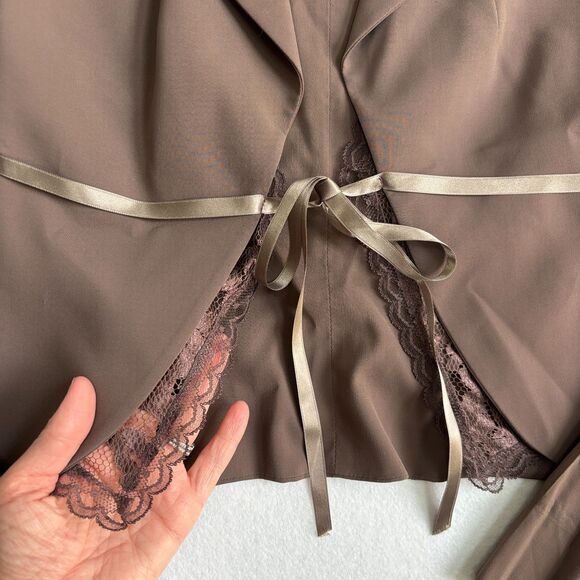 PINKO Short Delicate Lace Trim Detail Jacket Blazer Womens 6 Brown Satin Bow NWT - Picture 5 of 10